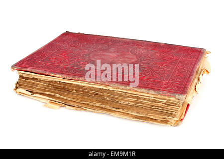 a worn-out old book with a red cover on a white background Stock Photo