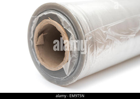 Roll of wrapping plastic stretch film on white background Stock Photo