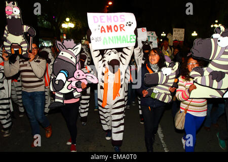 La Paz, Bolivia, 17th April 2015. Animal Rights campaigners and the La Paz zebras march to demand the government passes laws to protect animals from abus, and to increase punishments for those found guilty of cruelty towards animals. Marches took place in cities across the country, partly in reaction to a recent case in Cochabamba (where a woman was filmed by a neighbour hanging her dog and stoning it to death after it killed two of her chickens) that has caused outrage. Credit:  James Brunker/Alamy Live News Stock Photo