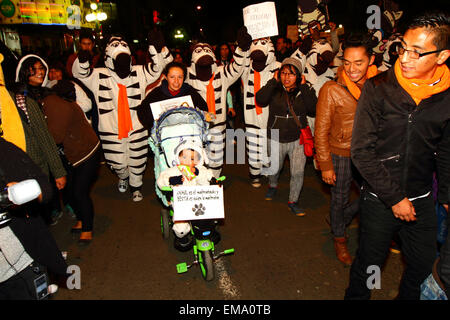 La Paz, Bolivia, 17th April 2015. Animal Rights campaigners and the zebras of La Paz march to demand the government passes laws to protect animals from abuse, and to increase punishments for those found guilty of cruelty towards animals. Credit:  James Brunker / Alamy Live News Stock Photo