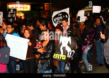 La Paz, Bolivia, 17th April 2015. Animal Rights campaigners march to demand the government passes laws to protect animals from abuse and trafficking, and to increase punishments for those found guilty of cruelty towards animals. Credit:  James Brunker / Alamy Live News Stock Photo