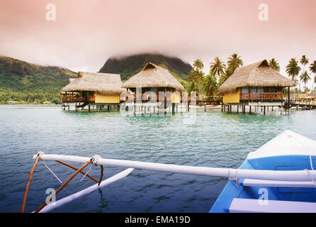 French Polynesia, Tahiti, Huahine, Bungalows Of Hotel Sofitel Stock Photo