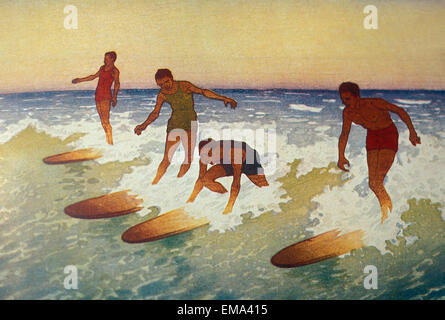 C.1927 Hawaii, Painting, Charles Bartlett, 4 Surfers Catching A Wave Stock Photo