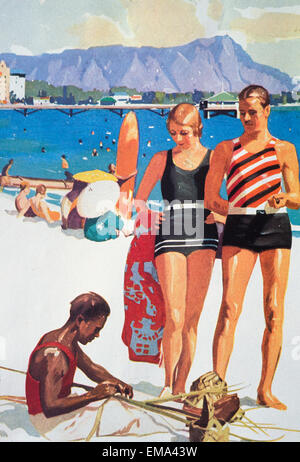 C.1927 Hawaii, Oahu, Advertising Art, Tourist Bureau, Couple On Waikiki Beach Stock Photo