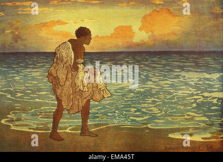 C.1927 Hawaii, Art, C.W. Bartlett, Net Fisherman At Sunset Stock Photo