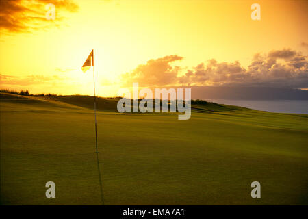 Hawaii, Maui, Kapalua Golf Club Plantation Course, 4Th Hole With Flag C1255 Stock Photo