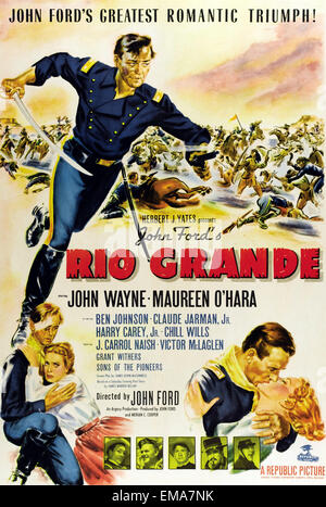 Old movie poster 'Rio Grande' a 1950 Western film directed by John Ford and starring John Wayne and Maureen O'Hara. Stock Photo