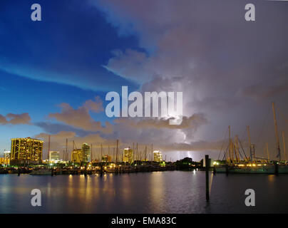 A lightning strike captured in the evening at the Marina in St. Petersburg, Florida. Stock Photo