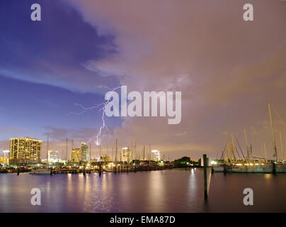 A lightning strike captured in the evening at the Marina in St. Petersburg, Florida. Stock Photo