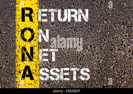 Business Acronym RONA - Return on net assets. Yellow paint line on the road against asphalt background. Conceptual image Stock Photo