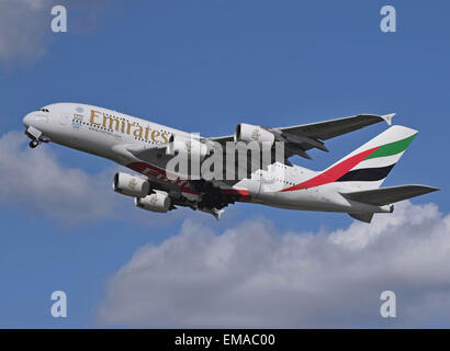 Emirates Airbus A380-800 departs London Heathrow Airport, England. Stock Photo