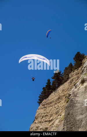 Parascenders fly along the cliffs at Cape Kidnappers, New Zealand. Stock Photo