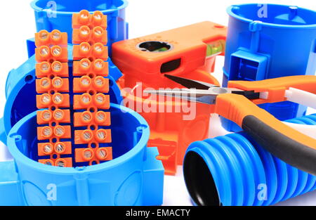Electrical boxes and components for use in electrical installations, accessories for engineering jobs Stock Photo
