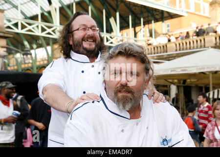 TV chefs The Hairy Bikers Simon King (front) and David Myers arrive in Covent Garden London Stock Photo