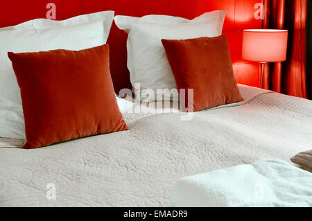 Double bed in hotel room. Accommodation Stock Photo