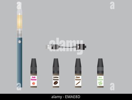 A vector illustration of an Electronic Cigarette, Vapour Liquids and Battery Charger with the concept of giving up smoking for health reasons Stock Vector