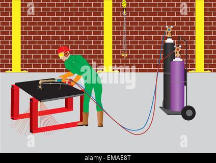 A vector illustration of a Man Oxy-Acetylene Cutting a circle from a steel plate with overhead crane lifting chains and cylinders  in the background Stock Vector