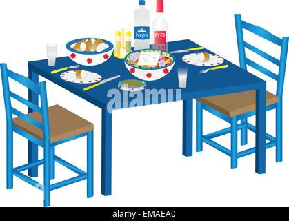 A Traditional Greek Meal of Greek Salad, Olives, Bread and Ouzo on a Blue Table with wicker chairs allisolated on white Stock Vector