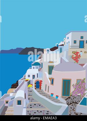 A Pretty Traditional Greek Village with winding streets and a Church with flowers growing everywhere and a calm sea background Stock Vector