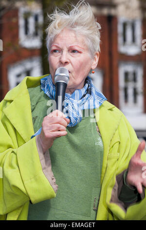 London, UK. 18th April, 2015. Fashion designer Dame Vivienne Westwood, DBE, RDI, adresses the Democracy vs TTIP Day of Action. Shepherds Bush Green (also known as Shepherds Bush Common), Shepherds Bush. London. UK. Credit:  Enid English/Alamy Live News Stock Photo