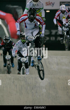 Manchester, UK. 18th April, 2015. Evgeny Kleshchenko during the mens qualifying heats  at BMX Supercross 2015 World Cup Round 1  at National Cycling Centre ahead of  2015 BMX Supercross Round 1  at National Cycling Centre Credit:  Dan Cooke/Alamy Live News Stock Photo