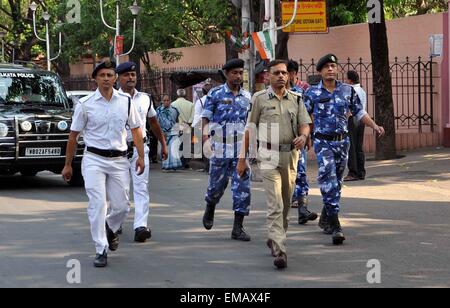 Kolkata, India. 18th Apr, 2015. Indian police force patrolling the area during the Kolkata Municipal Corporation Election at Kolkata. © Bhaskar Mallick/Pacific Press/Alamy Live News Stock Photo