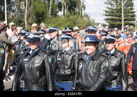 Sydney,Australia. 19th April, 2015. ANZAC commemorative and centenary march along pittwater road Warriewood Sydney Australia to celebrate 100 years of ANZAC. Pictured NSW female police officers marching in caps and black leather jacket police uniform Credit:  martin berry/Alamy Live News Stock Photo