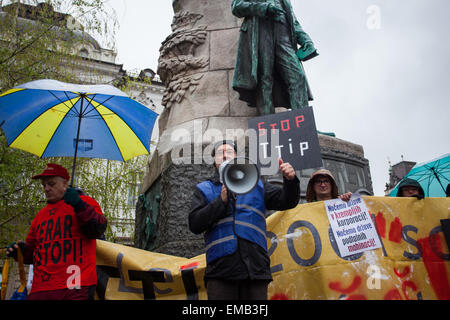 Ljubljana, Slovenia. 18th April, 2015. Protests against  Trading agreements like TTIP, TISA and CETA, mostly connected with GMO products were taken in Ljubljana at Prešern Square in the city. Credit:  Nejc Trpin/Alamy Live News Stock Photo