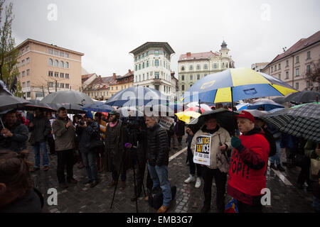 Ljubljana, Slovenia. 18th April, 2015. Protests against  Trading agreements like TTIP, TISA and CETA, mostly connected with GMO products were taken in Ljubljana at Prešern Square in the city. Credit:  Nejc Trpin/Alamy Live News Stock Photo