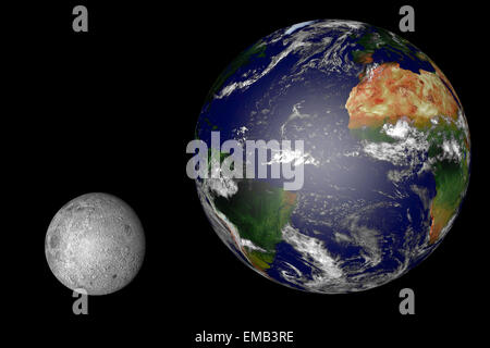 moon and earth in realistic size dimensions: computer generated image of planet earth in space. Elements of this image furnished by NASA. Stock Photo