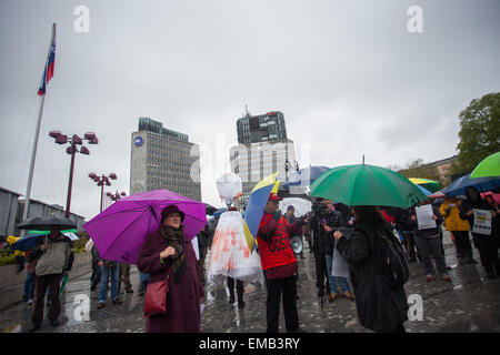 Ljubljana, Slovenia. 18th April, 2015. Protests against  Trading agreements like TTIP, TISA and CETA, mostly connected with GMO products were taken in Ljubljana at Republic square and Parliment building. Credit:  Nejc Trpin/Alamy Live News Stock Photo