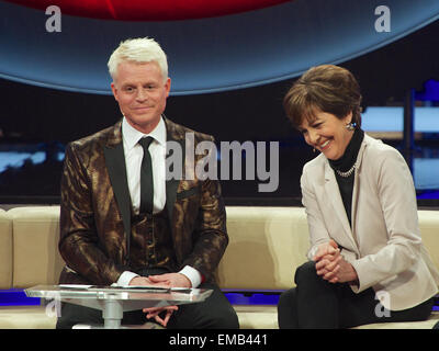 Munich, Germany. 18th Apr, 2015. Television host Guido Cantz (L) and Swiss singer and television presenter Paola Felix (R) talk to each other on stage during the German television show 'Verstehen Sie Spass?' at the Bavaria film studios in Munich, Germany, 18 April 2015. Photo: Ursula Dueren/dpa/Ģ����ý Live News Stock Photo