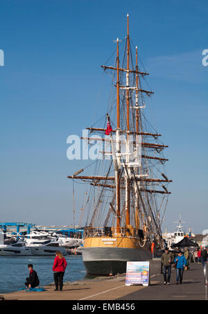 Poole, Dorset, UK 19 April 2015. Tall ship Kaskelot moored at Poole Quay, Dorset, UK for visitors to enjoy with good weather on a sunny day with blue sky. Three masted barque built in Denmark often used in TV and film productions. Credit:  Carolyn Jenkins/Alamy Live News Stock Photo