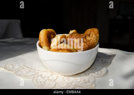 Pancakes in the deep white porcelain plate Stock Photo