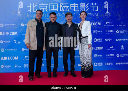 (150419) -- BEIJING, April 19, 2015 (Xinhua) -- Director Bernardo Arellano (2nd R) and leading actor Francisco Barreiro (2nd L) of 'The Beginning of Time' pose for a photo at the movie's premiere during the fifth Beijing International Film Festival (BJIFF) in Beijing, capital of China, April 19, 2015. Movie 'The Beginning of Time' has entered the main competition of the Tiantan Award of BJIFF. (Xinhua/Zhang Cheng) (mt) Stock Photo
