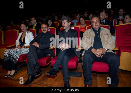 (150419) -- BEIJING, April 19, 2015 (Xinhua) -- Director Bernardo Arellano (2nd R) and leading actor Francisco Barreiro (2nd L) of 'The Beginning of Time' attend the movie's premiere during the fifth Beijing International Film Festival (BJIFF) in Beijing, capital of China, April 19, 2015. Movie 'The Beginning of Time' has entered the main competition of the Tiantan Award of BJIFF. (Xinhua/Zhang Cheng) (mt) Stock Photo