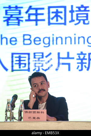 (150419) -- BEIJING, April 19, 2015 (Xinhua) -- Leading actor of 'The Beginning of Time' Francisco Barreiro attends a press conference of the movie's premiere during the fifth Beijing International Film Festival (BJIFF) in Beijing, capital of China, April 19, 2015. Movie 'The Beginning of Time' has entered the main competition of the Tiantan Award of BJIFF. (Xinhua/Luo Xiaoguang) (mt) Stock Photo