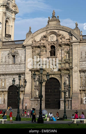 Peru, Lima.  Entrance to the Cathedral, Plaza de Armas. Stock Photo