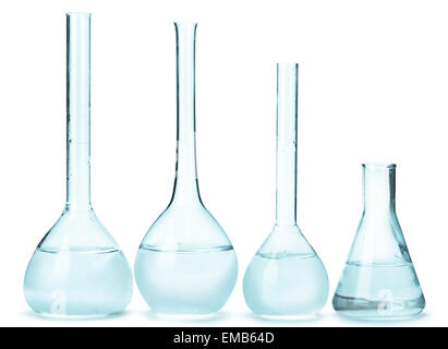 variety of glass bulbs with reagents on a light background Stock Photo