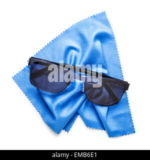Black sunglasses and blue microfiber cleaning cloth isolated on white background. Clipping path included Stock Photo
