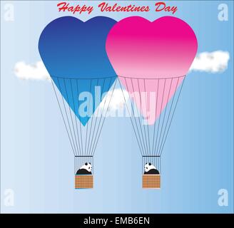 A vector illustration of a Valentine Day Card of Two Giant Pandas in Blue and Pink Hot Air Balloons Stock Vector