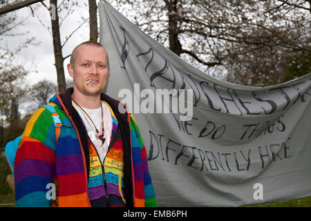 Manchester, UK 19th April, 2015. Keith Dewsnup, from Manchester a cannabis festival-goers at Platt Fields Park. This ‘420' event is advertised as a mini-festival for people, reefer-puffing, weed smokers, ganja-related activities  by people who support the legalisation of cannabis culture. Police officers warned they would take a dim view of anyone taking drugs at this year’s Puff-Puff-Pass Day event. Greater Manchester Police and have had to issue a number of verbal warnings to people doing so.  The term “420” has become universally known as the code word for smoking pot. Stock Photo
