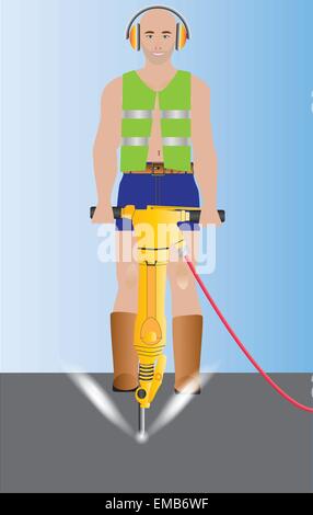 A vector illustration of a construction worker wearing a safety vest and ear defenders operating a Jack Hammer Drill Stock Vector