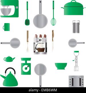 A Seamless vector Pattern of Kitchen Utensils, Pans, Scales, Coffee Maker, Scales, Mixer, Kettle, Grater and a Casserole Dish Stock Vector