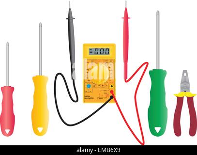 A vector illustration of an Electrical Multimeter and Electricians Tools isolated on white Stock Vector