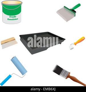 vector illustration of Painters Tools Brushes, Paint Roller, Roller Tray, Wallpaper Brush, Seam Roller, Paste Brush and Paint Can Stock Vector