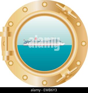 A vector illustration of the View through a ships' porthole showing a Cruise Liner sailing past on a Tropical Sea Stock Vector