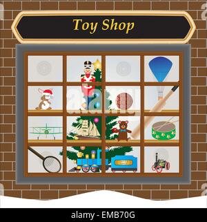 Shop Window at Christmas with Toy Train, Soldier, Drum, Airplane, Football, Ship, Teddy Bear, Rabbit, Cricket Bat, Tennis Raquet Stock Vector
