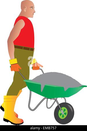 A vector image of Construction Worker wearing yellow boots,red vest and green trousers pushing a Green Wheelbarrow full of cement isolated on white Stock Vector