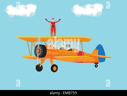 An illustration of a Woman in a Red Jumpsuit with her arms outstretched Wing Walking on a orange vintage Biplane with a cloudy sky background Stock Vector